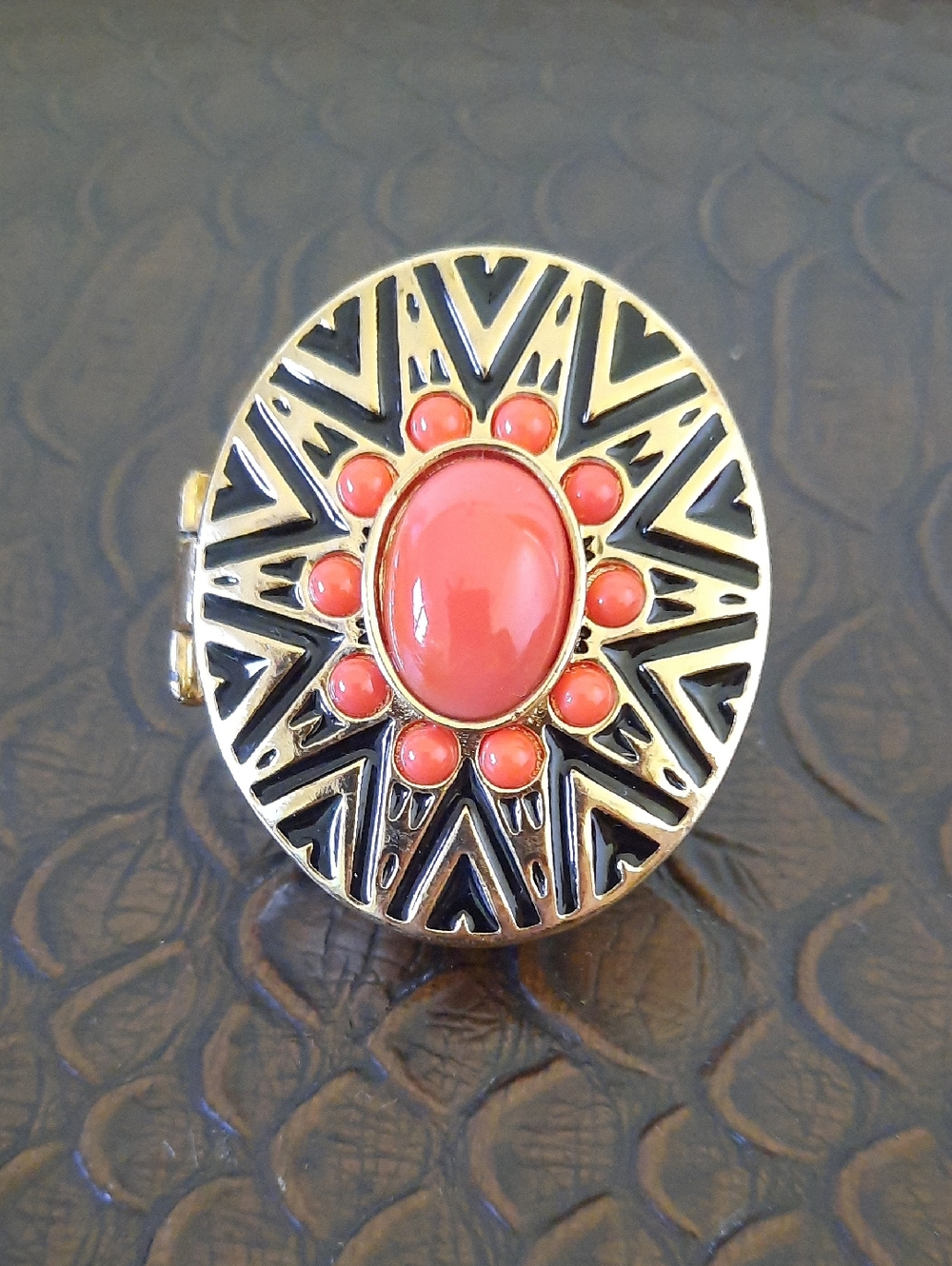 Gold-Tone Coral Oval Poison Box Ring - Women Jewelry